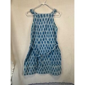 Passion Lilie Dress Blue Ikat Sleeveless Cotton Shift Belted Pockets Small